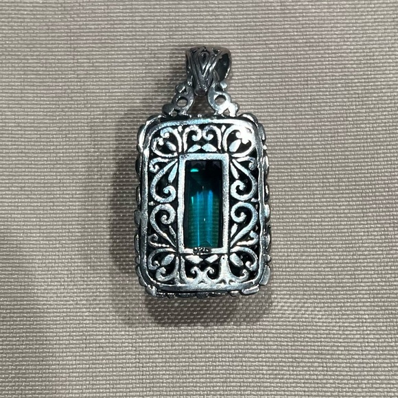Sterling Silver Rectangle Blue Aura Quartz Filigree Pendant Necklace Charm - Picture 2 of 9